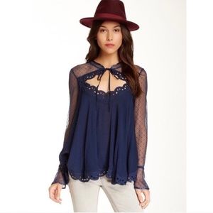 Free People Navy Sheer Lace Top